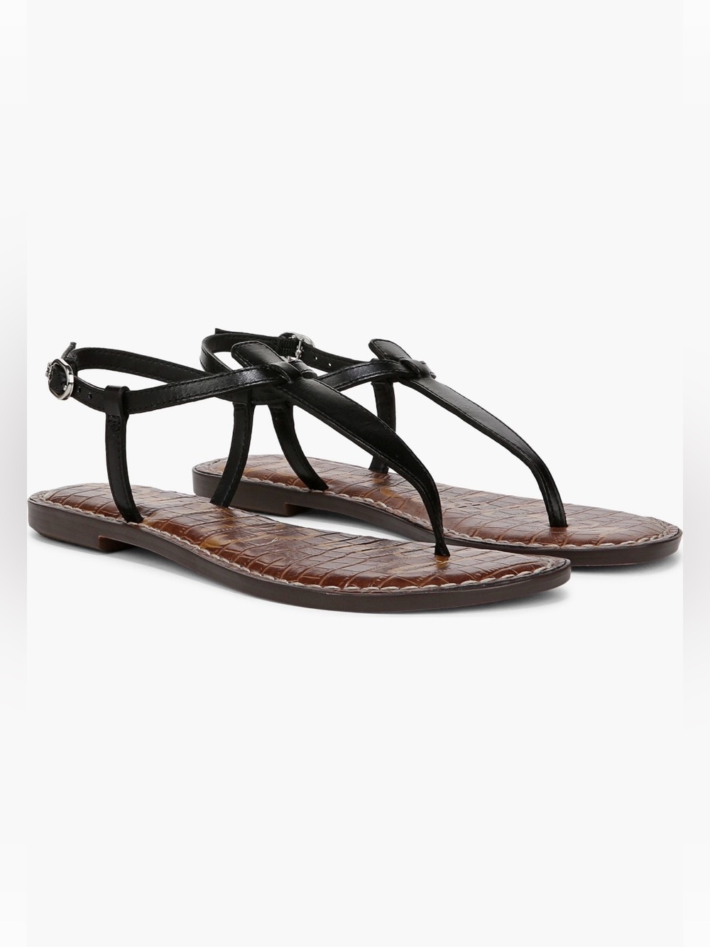 Sam Edelman Gigi Black Leather T-Strap Flat Sandals - Women's